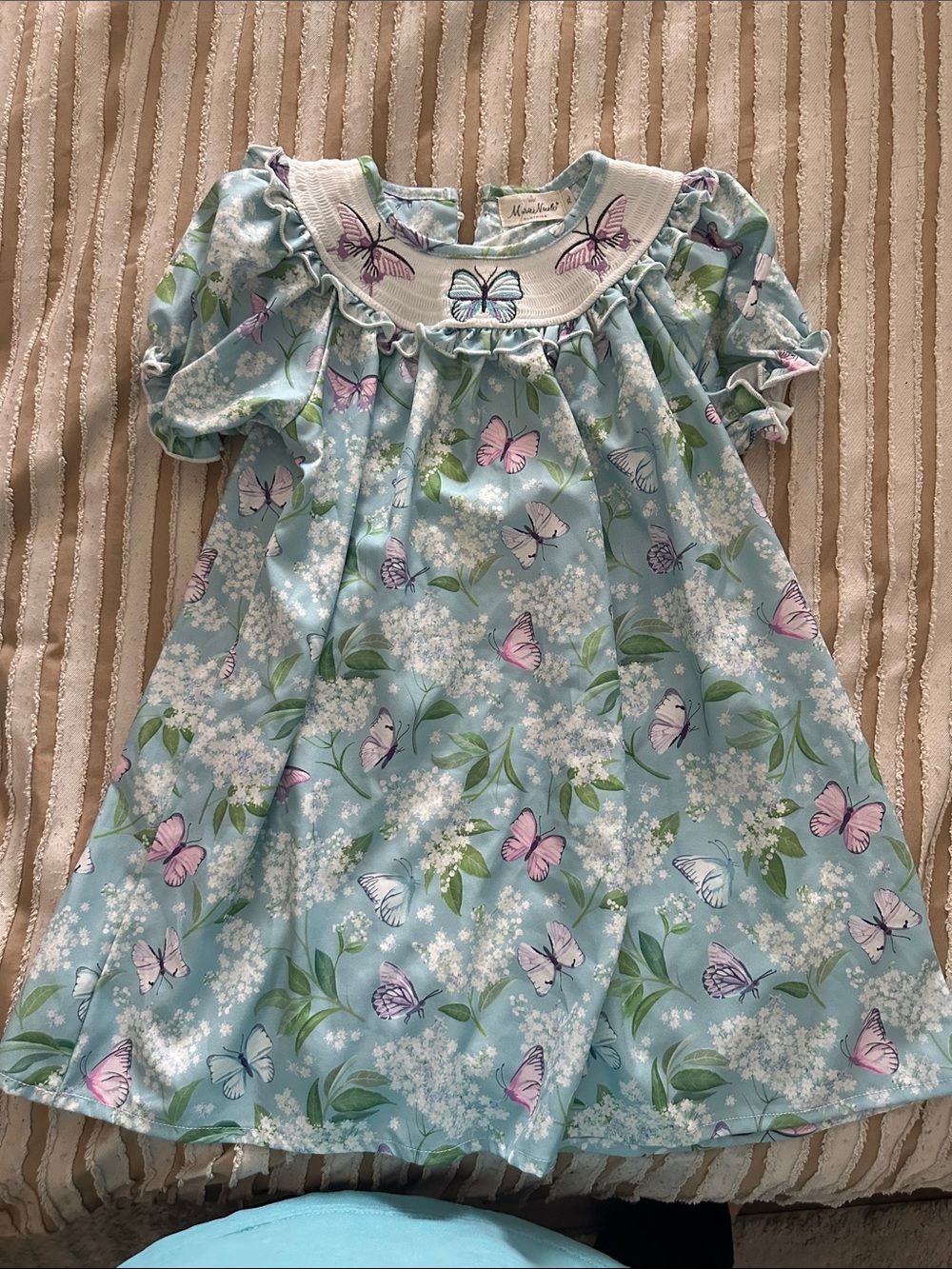 Girls' Light Blue Butterfly Print Smocked Dress